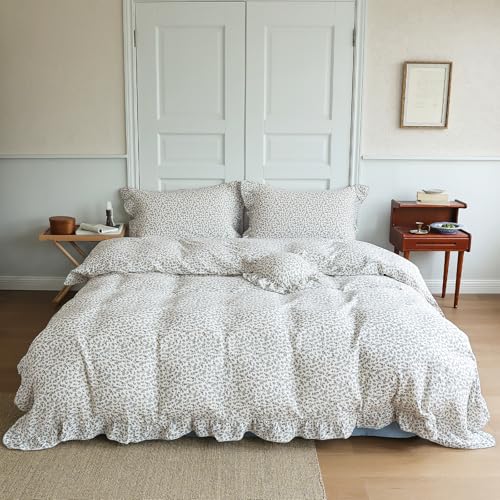 Image of BuLuTu Chic Shabby Blue Floral Print Duvet Cover Queen, Double-Layer Cotton Muslin Comforter Cover with Ruffles, Kids Teens Bedding Quilt Covers,90 inchx90 inch, Zipper Closure, No Pillow