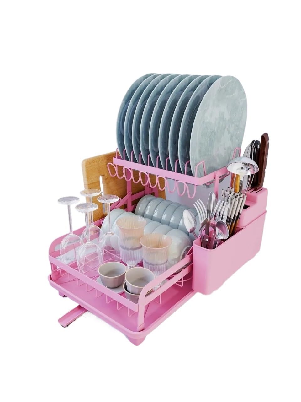 Jobaojiang 2 Tier Dish Rack, Kitchen Counter Dish Drying Rack, Pink Kitchen Appliance, No Drill Install, With Automatic Drainage System(Pink)