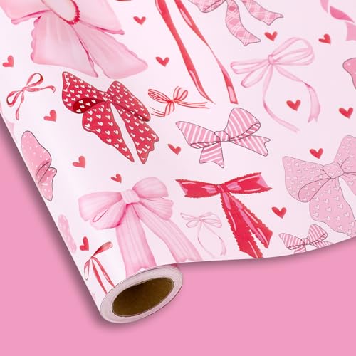 JarThenaAMCS Valentine's Day Wrapping Paper - Mini Roll - 17 In x 32.8 Ft Pink Bow Heart Coquette Gift Wrap Paper for DIY Crafts Wedding Anniversary Party, Double-Sided