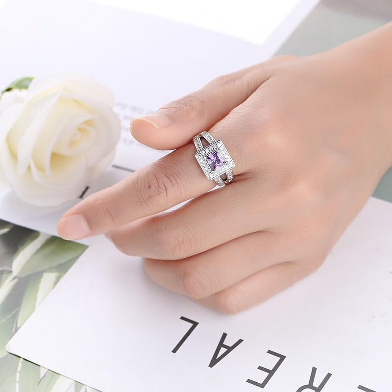 Emsione Silver Plated Vintage Ring Created Amethyst Halo Cocktail Ring Eternity Anniversary Party Jewelry For Men Women Size 8