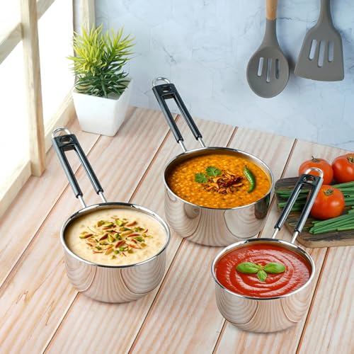 Image of Kraft Stainless Steel Saucepan Combo Set of 3-1, 1.4 and 1.8 Litre, Durable and Versatile Sauce Pan for Tea, Riveted Sturdy Bakelite Handle, Induction & Gas Base, for Chai, Milk, Soup, Egg