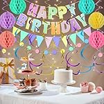 Pastel Birthday Party Decorations Kit - Include Happy Birthday Banner Colorful Flag Bunting Circle Dots Garland Hanging Swirls Honeycomb Ball for Girls womens Rainbow Party Decorations - Image 5