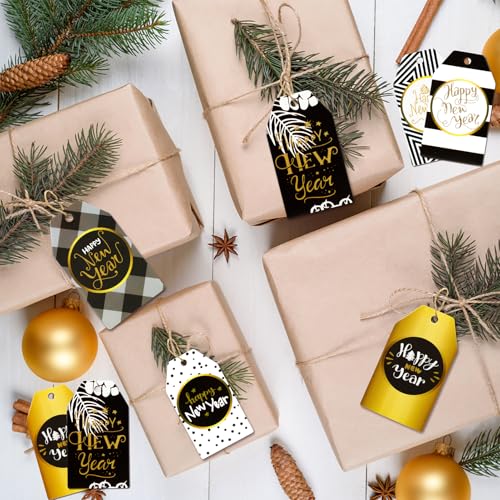 HOWAF-60pcs-Happy-New-Year-Paper-Gift-Tags-Black-and-Gold-New-Year-Name-Tags-Label-with-String-for-2025-New-Year-Presents-Decoration-New-Year-Decorations-Gift-Wrap-Supplies-DIY-Kraft-Paper-Label