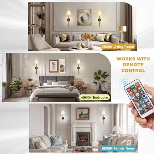 Image of DORESshop Battery Operated Wall Sconce Set of 2, 7 Color Wireless Wall Light Easy to Install, Sconce Wall Decor Set of 2 for Bedroom, Living Room, Fabric Linen Shade, Gold and Black, 24.6in