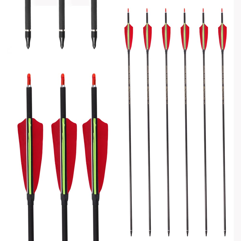 12 Pezzi Frecce da Tiro con L'Arco ID 6,2 mm Etichetta Dorata Freccia da Pratica, Spine 300 350 400 500 600 700 Freccia da Caccia 4 Pollici Rosso Verde Piume di Tacchino