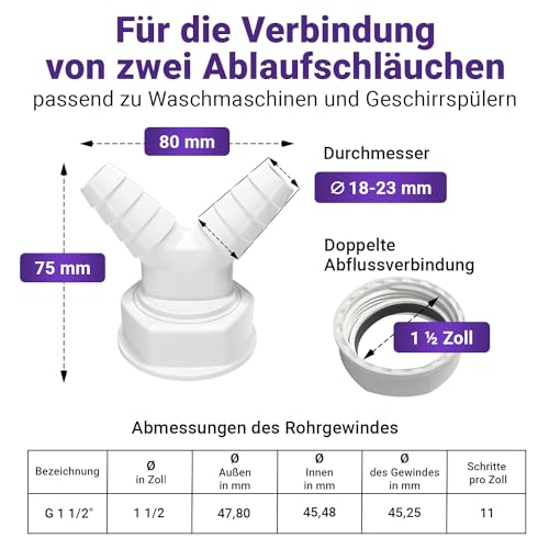 Viоks.pro Abfluss Waschmaschine Doppelanschluss 1 1/2 Zoll Schlauchanschluss & Y-Verteiler Zulaufschlauch Waschmaschine Geschirrspüler Anschluss