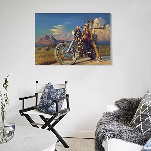 Rucatto Female Motorcycle And Eagle Art Drawing Vintage Poster Canvas Painting Posters And Prints Wall Art Pictures For Living Room Bedroom Decor 24X36Inch(60X90Cm) Frame-Style #TOP4