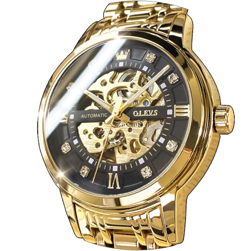 Image of OLEVS Men's Gold Skeleton Watch Automatic Mechanical self Winding Luxury Dress Stainless Steel Waterproof Luminous Wrist Watches