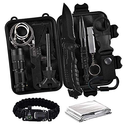 Survival Gear Kit - 13-In-One Emergency Compact Bugout Gear & Tools: Knife, Paracord, Multi-Tool, Fire Starter, Saw, Tactical Pen, Whistle, Flashlight, Blanket, Black Waterproof Case & More