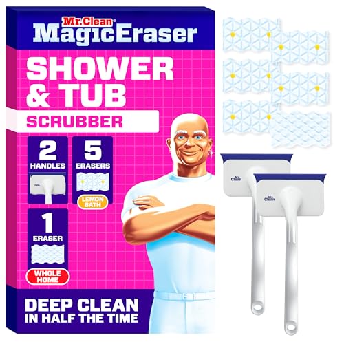 Mr. Clean Magic Eraser Shower & Tub Scrubber, Bathroom Cleaner, All in One Bathroom Cleaner, Lemon Starter Kit, 2 Scrubber, 5 Foaming Magic Erasers, 1 Whole Home Extra Durable Magic Eraser
