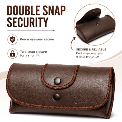 Image of Calabria Double Snap Belt Loop Eyeglass Case PU Leather Vintage Style Old School Eye Glasses Pouch Semi-Hard Sunglass Holder