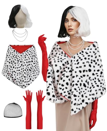 Halloween Costume for Women,Black and White Wig,Pearl Necklace,Dalmatian Shawl Scarf,Long Red Gloves Accessories
