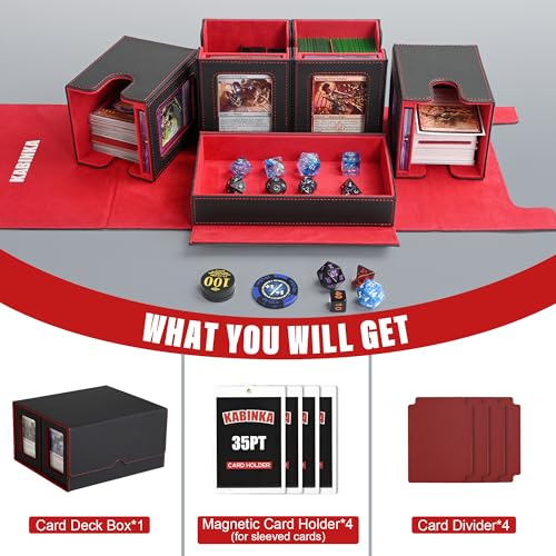 Image of Kabinka Card Deck Box for MTG Commander, Holds 400+ Double-Sleeved Cards, 5 IN 1 Detachable Card Case with Dice Tray, Fits Magic /TCG Cards, 4 Magnetic Card Holders & Dividers (Black Red)