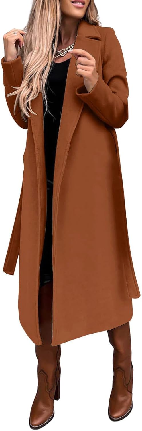 utcoco Womens Long Wool Pea Coats Notched Collar Open Front Woolen Blend Trench Coat with Belt