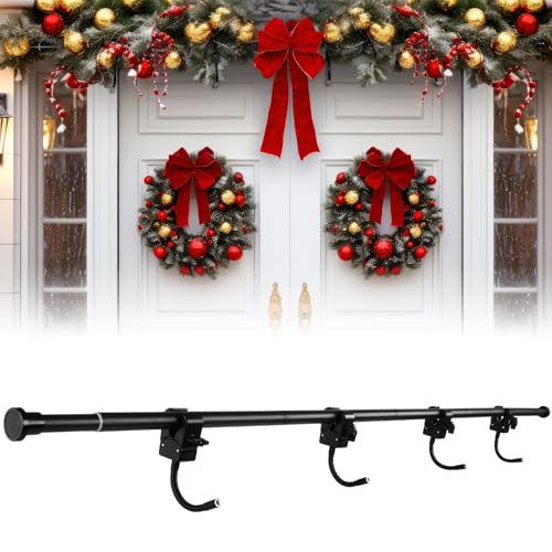 Moxweyeni Front Door Garland Hanger Adjustable Width 31.5-94.5 Stainless Steel Christmas Decoration Holder Garland Hanger for Door Frame Doorway Wreath Lights Outdoor No Screws or Nails(Black)