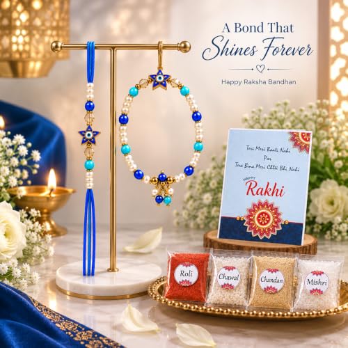 Image of Divayanshi Bhaiya Bhabhi Rakhi Set with Designer Lumba | Handmade Pearl Beads Thread for Brother & Sister-in-Law | Premium Raksha Bandhan Gift with Display Card