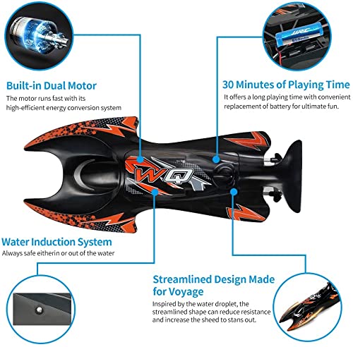 WQ RC Boat Toy, 2.4 GHZ Remote Control Fast Boat for Pools and Lakes, Dual Motors, Self Righting Racing Boat, 15km/h High Speed Mini RC Ship Boats for Adult Kids Boys Girls