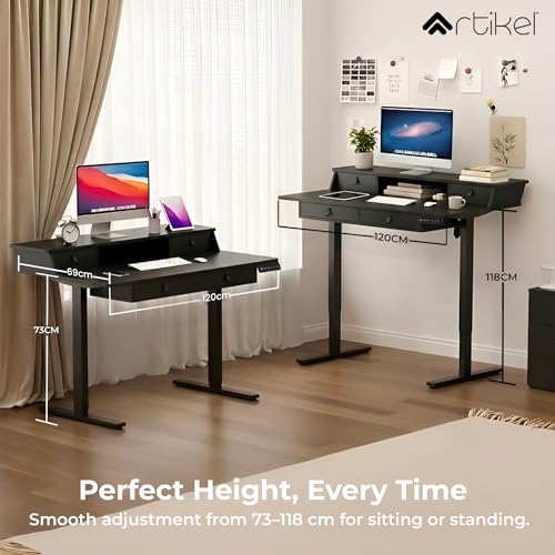 Image of ARTIKEL Valor Electric Height Adjustable Standing Desk with Storage Drawers & Shelves| Sit-Stand Desk for Home Office |Ergonomic Workspace Table| 120 * 69CM|Weight Capacity 80KG|Black