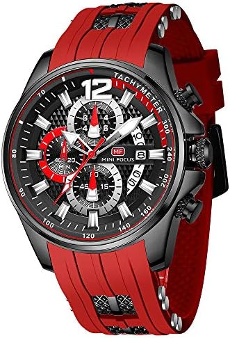 Watches for Men Sport Military Waterproof Red Face Watch Chronograph Luminous Date Analog Quartz Watch Genuine Silicon Strap Fashion Business Wrist Watches Clock (red Black)