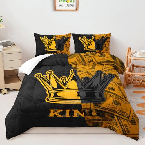 Image of AILONEN Black and Gold Printed Couple Full Bedding Set,King and Queen Crown Comforter Set,3-Piece King Money Pattern Dollar Design Quilt Set for Adults Men Women,1 Comforter with 2 Pillowcases