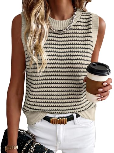 ANRABESS Womens Sweater Vest Top Striped Sleeveless Lightweight Knit Tank Tops 2026 Summer Spring Clothes Vacation Outfits Apricot Black Small