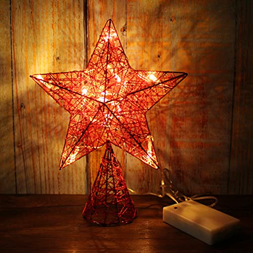CVHOMEDECO. Red Tree Top Star with Warm White LED Lights and Timer for Christmas Tree Topper Ornaments and Holiday Seasonal Décor, 8 x 10 Inch