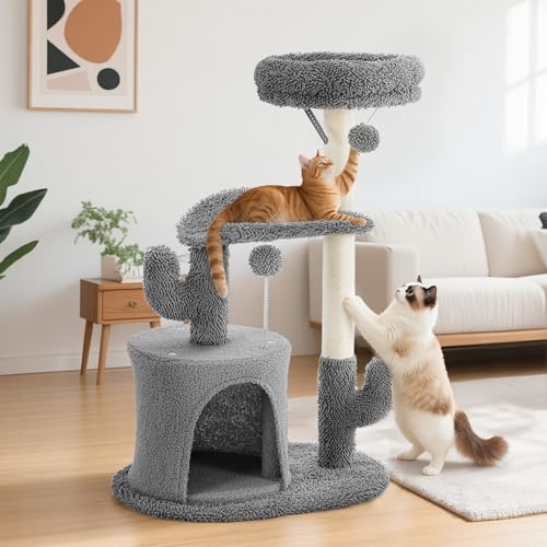 Image of Sweetcrispy 33 inch Cat Tree Tower for Indoor Cats, Small Cat Scratching Post with Curved Bed, Cat Tree with Cat Condo for Adult, Grey