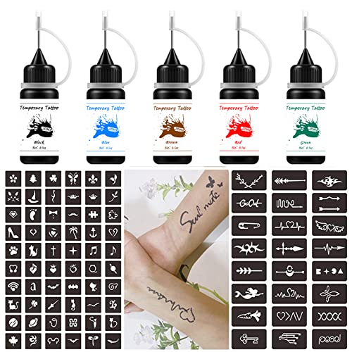 Temporary Tattoo Kit Jagua Gel Semi Permanent Tattoo Freehand Ink 5 Colors Tattoo Inks 84pcs Adhesive Stencils for DIY Temp Tattoos for Women Men Body Art Painting