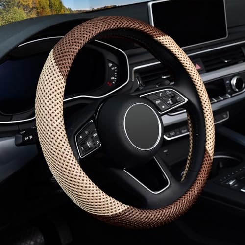 KAFEEK Steering Wheel Cover, Universal 15 inch, Microfiber Breathable Ice Silk, Anti-Slip, Odorless, Beige& Brown
