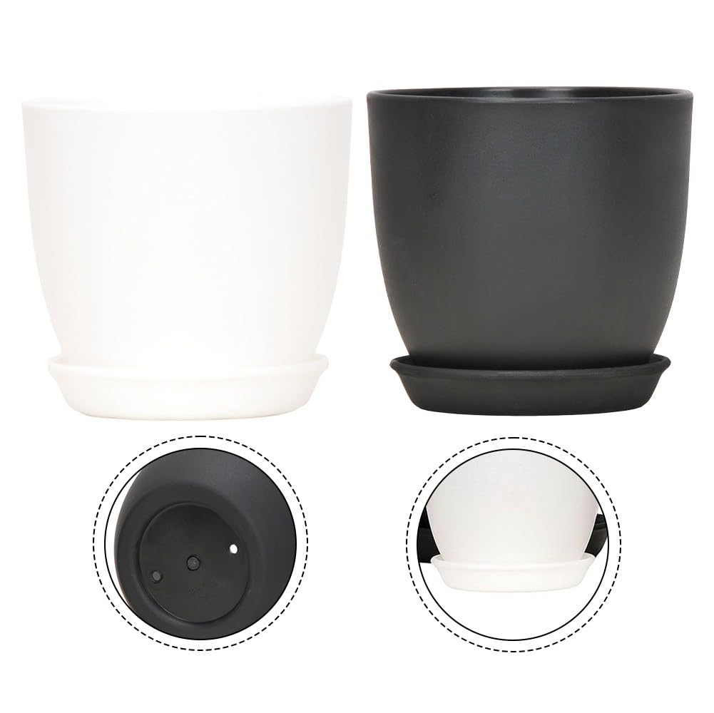 FACAIIO Lot de 10 pots de fleurs en plastique avec soucoupe pour l'intérieur et l'extérieur, 180 x 165 mm, finition mate, design minimaliste moderne noir et blanc