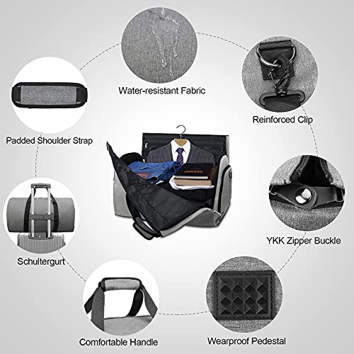Carry on Convertible Garment Bag Waterproof Travel Duffel Bag for Mens Business Garment Bags with Shoulder Strap, Shoes Compartment 2 in 1 Hanging Suitcase Suit Travel Bags, Grey