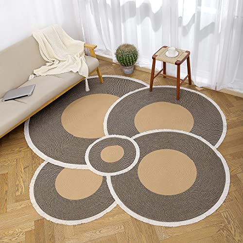 Image of Cotton Rope Rounds Rug with Tassels - Handwoven Bohemian Carpet for Living Room, Bedroom, Pooja & Home Decor, Soft & Washable Floor Mat, Beige & Black, 7x7 feet