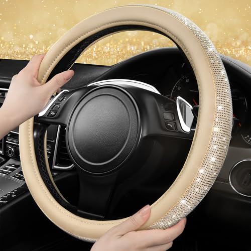 Image of CAR PASS Bling Diamond Beige Leather Steering Wheel Cover, White Sparkly Crystal Glitter Rhinestones Universal Fit 14 inch 1 /2-15 inch Car Wheel Protector for Women Girl Fit Suvs,Vans,Sedans,Trucks, Beige