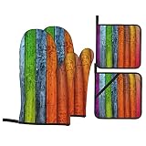 Juego de Manoplas y agarraderas para Horno de 4 Piezas, tablones de Tablero rústico de Color Madera, Guantes de Horno Antideslizantes Resistentes al Calor de Estilo Rural para casa de Campo