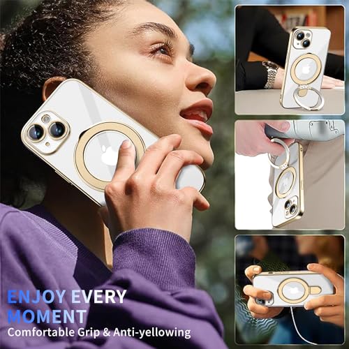 Image of Magnetic for iPhone 13 Case with Invisible Stand[Compatible with MagSafe][Full Camera Lens Protector][Military Drop Protection] Shockproof Not Yellowing Clear Slim Soft Women Men Gold