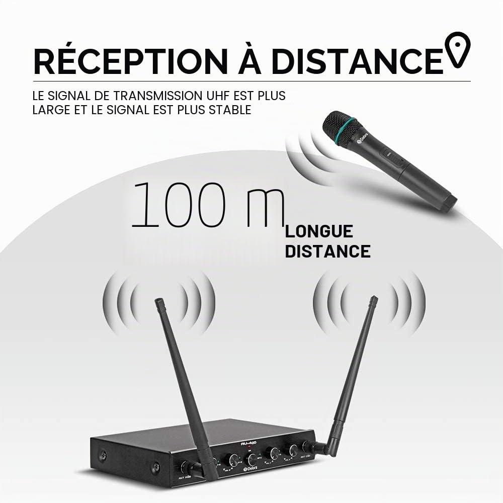 Debra Audio Pro Système Microphone sans Fil UHF 4 Canaux avec Microphone à Main sans Fil, Récepteur Métallique, Idéal pour Karaoké et Fêtes d'Église (Fréquence A)