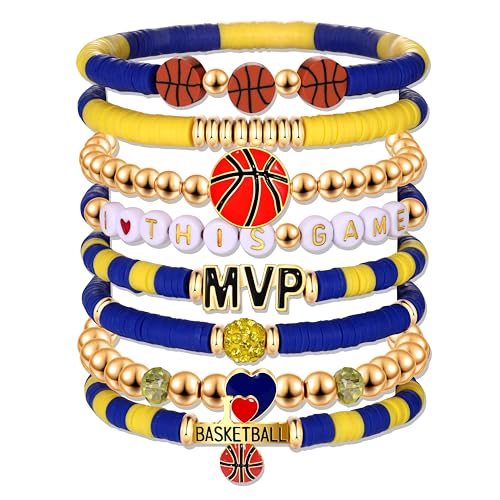 HZEYN Basketball Bracelets for Women Stack Beaded Basketball Friendship Bracelets Game Day Sports Basketball Charm Bracelet Bangles Basketball Mom Accessories Outfits Jewelry Gifts (Blue Yellow)