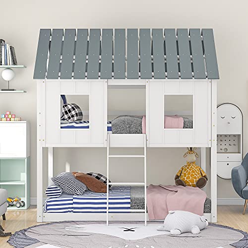 Polibi Twin-Over-Twin Wooden House Bed, Bunk Bed With Playhouse, Farmhouse, Ladder And Guardrails (White + Gray) #TOP3