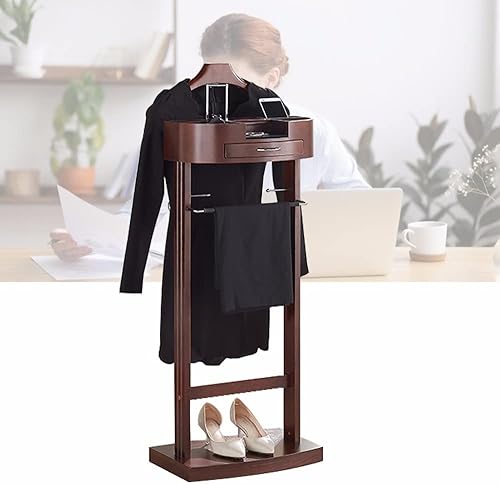 Miniatura 8 de Soporte de valet de madera para trajes, soporte de valet de madera, perchero de pie para ropa de pie con colgador de ropa y riel para pantalones