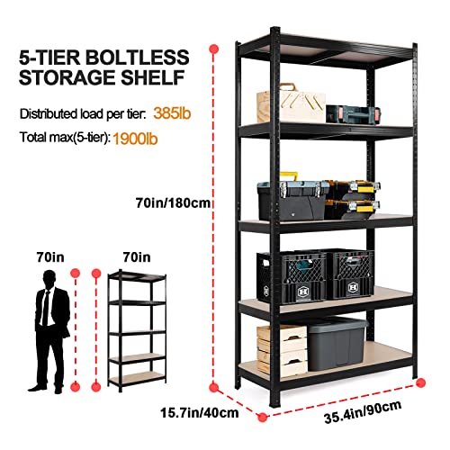 Aesraou Utility Shelves - 5 Tier Adjustable Storage Shelves Garage Storage Shelving Unit Heavy Duty Metal Storage Rack Shelf Unit Shed Shelves For Warehouse Pantry Closet Kitchen (Black, L) #TOP4