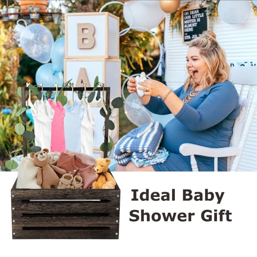 Image of Okydoky Wooden Baby Shower Crate Wardrobe, Gift Basket with Clothes Hanger | Handle and Garland, Storage Personalized Basket for Pregnant New Parents NO.LPL,Dark Walnut1