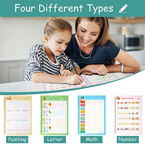 Plus-version Magic Practice Copy books, 4 Pack Grooved Copybook for Children Calligraphy, Reusable English Handwriting Practice Tracing Workbook with Pens for Beginners, Drawing|Math|Numbers|Alphabet