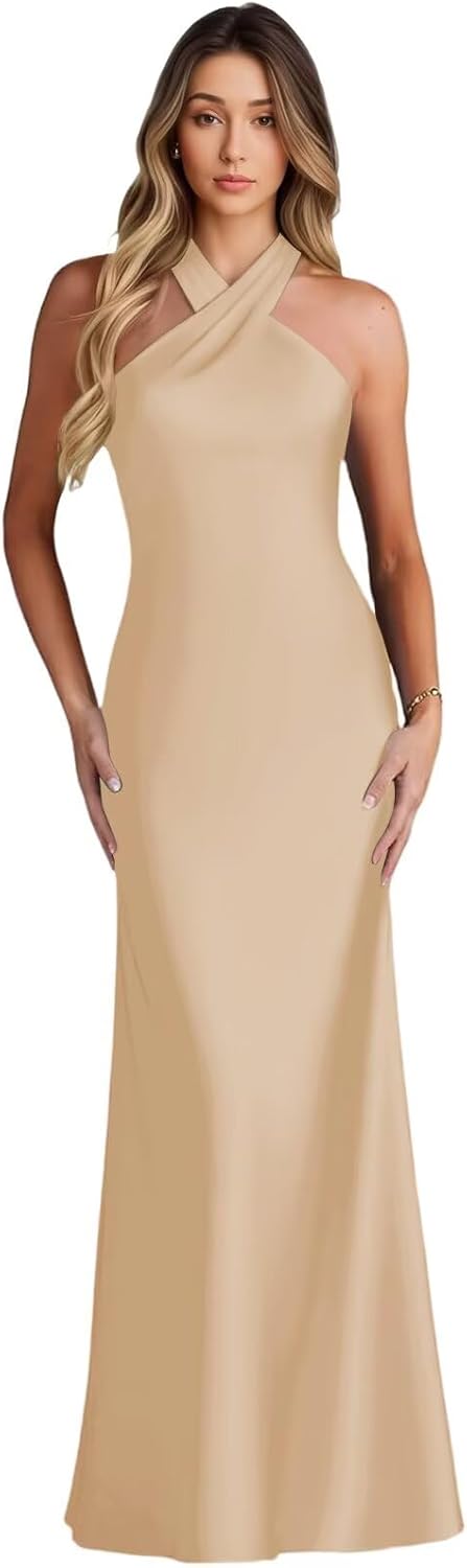 Halter Satin Bridesmaid Dresses for Women Long Formal Wedding Guest Dress with Bow Mermaid Prom Gowns 2026