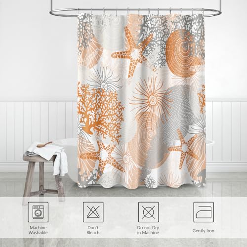 MAYZUS Beach Ocean Themed Shower Curtain, Orange Cute Nautical Coastal Shower Curtains for Bathroom Decor, Summer Tropical Seashell Starfish Coral Fabric Shower Curtain Set with Hooks, 72x72 by MAYZUS - Used condition - Image 6