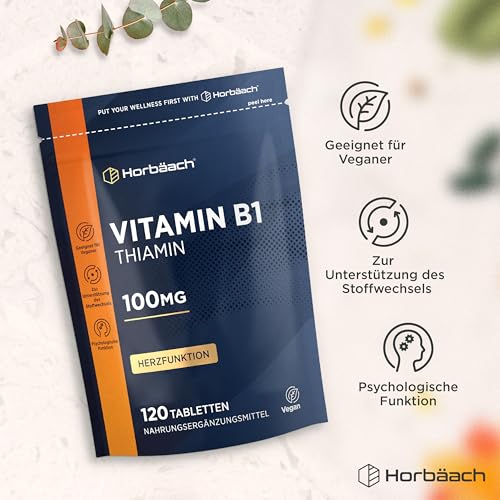 Vitamin B1 Hochdosiert 100mg Thiamin | 120 Vegane Tabletten | Ohne künstliche Zusätze | von Horbaach