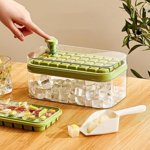 Image of Homecloud 2-Layer Ice Cube Tray with Lid & Bin - BPA-Free Square Ice Cube Molds with Scoop, Easy One-Tap Release, Space-Saving Ice Storage Container, Makes 64 Cubes (Green)