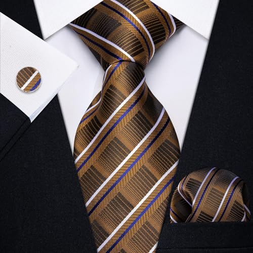 Image of YourTies Striped Ties for Men Classic Woven Silk Necktie with Handkerchief Cufflinks Set Formal Business Party Wedding