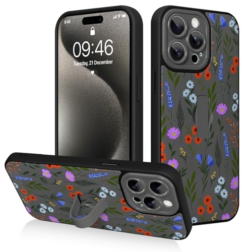 AIGOMARA for iPhone 15 Pro Case with Strap, Cute Floral Hard PC Back, Black