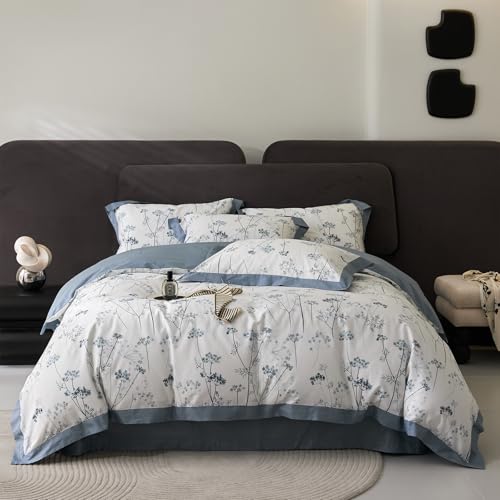 Vm Vougemarket Blue White Duvet Cover Set King With Dandelion Botanical Comforter Cover With Zipper Closure,3 Pieces Cotton Bedding Set cover