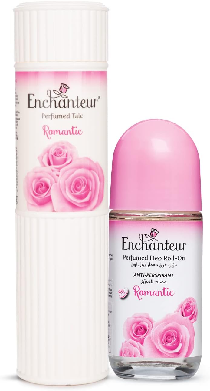 Enchanteur Romantic Perfumed Talc for Women, 250g & Enchanteur Romantic Roll-On Deodorant for Women, 50ml with Roses & Jasmine Extracts